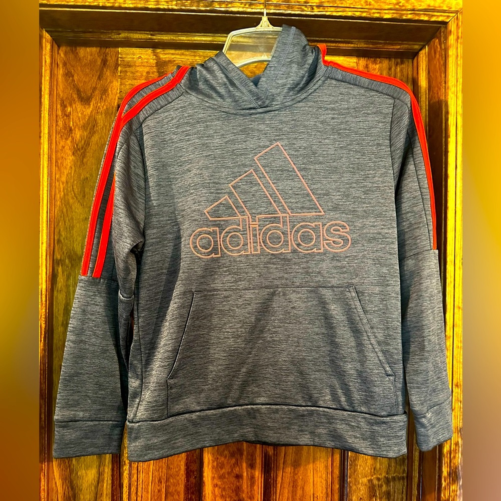 Adidas Blue Hoodie with orange stripes